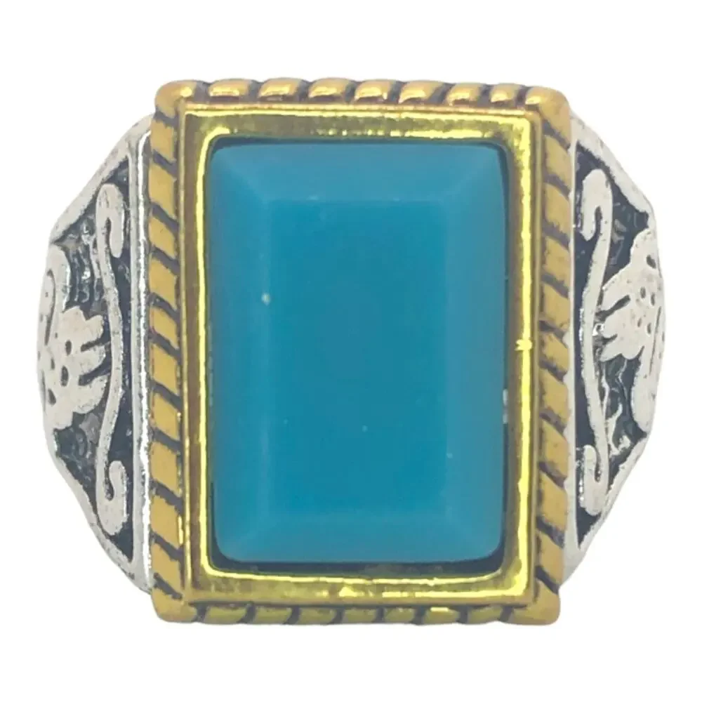 Silver and Gold Boho Ring with Blue Stone - Size 8.5